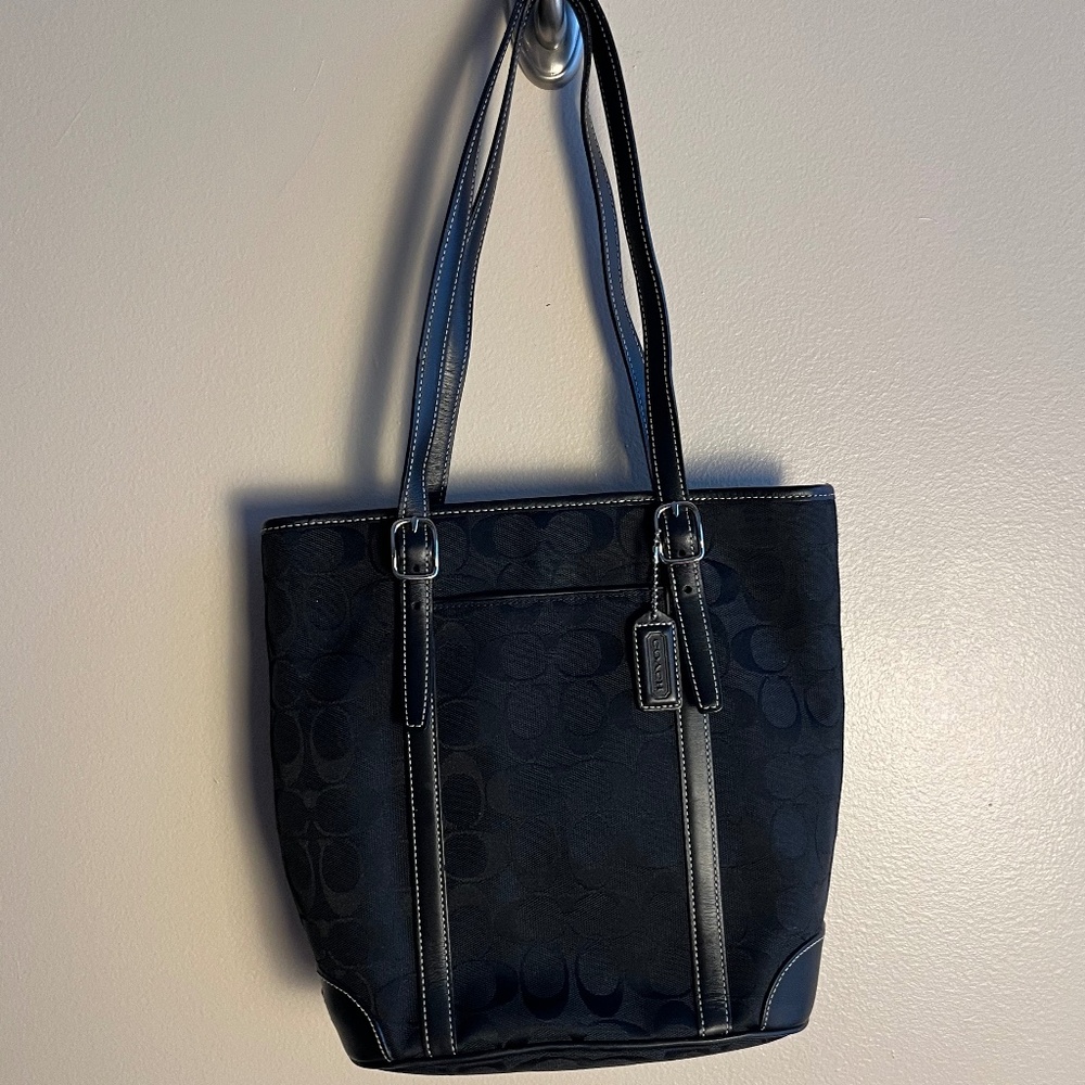 Vintage Coach Signature Black Jacquard & Leather Tote Bag - Excellent Condition!